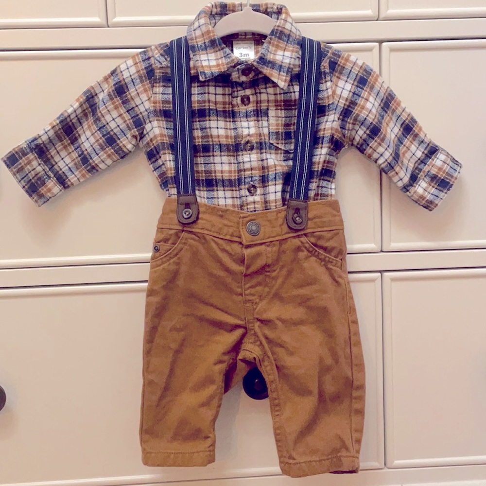 Super cute flannel pants and suspenders set